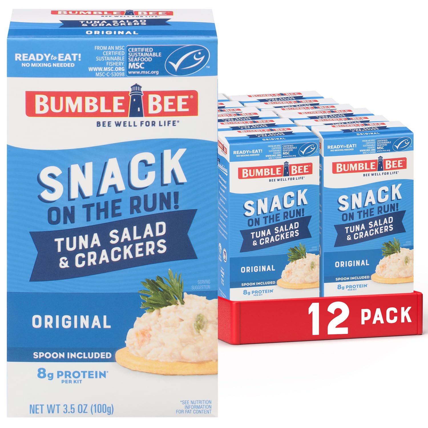 Bumble Bee Snack On The Run Original Tuna Salad with Crackers Kit (Pack of 12) - Ready to Eat Protein Snack Pack - 8g Protein per Box - Wild Caught MSC Certified Tuna