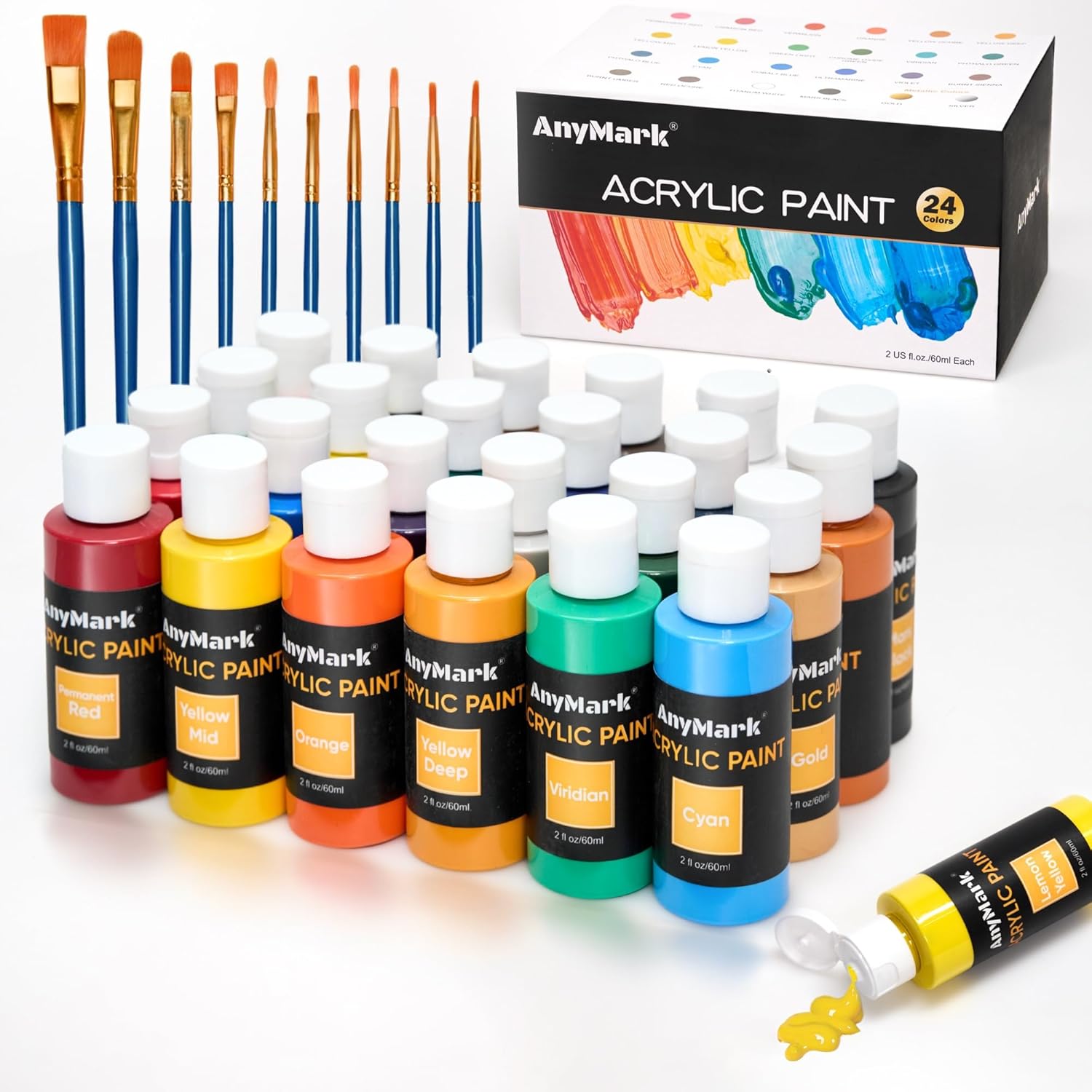 AnyMark Acrylic Paint Set, 24 Classic Colors with 10 Brushes, 2 fl oz/60ml Bottles, Art kit Painting Supplies for Kids Adults Canvas, Rock, Wood