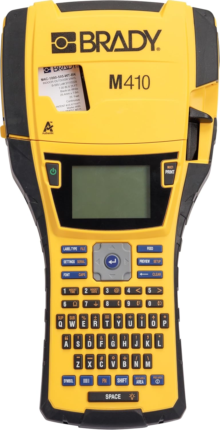 Brady M410 Handheld Portable Industrial Label Printer, 1" Wide Labels, Single Color Thermal Printing, for DataCom, Electrical, and Laboratory, Yellow/Black, 11.5" H x 6" W x 3.5" D