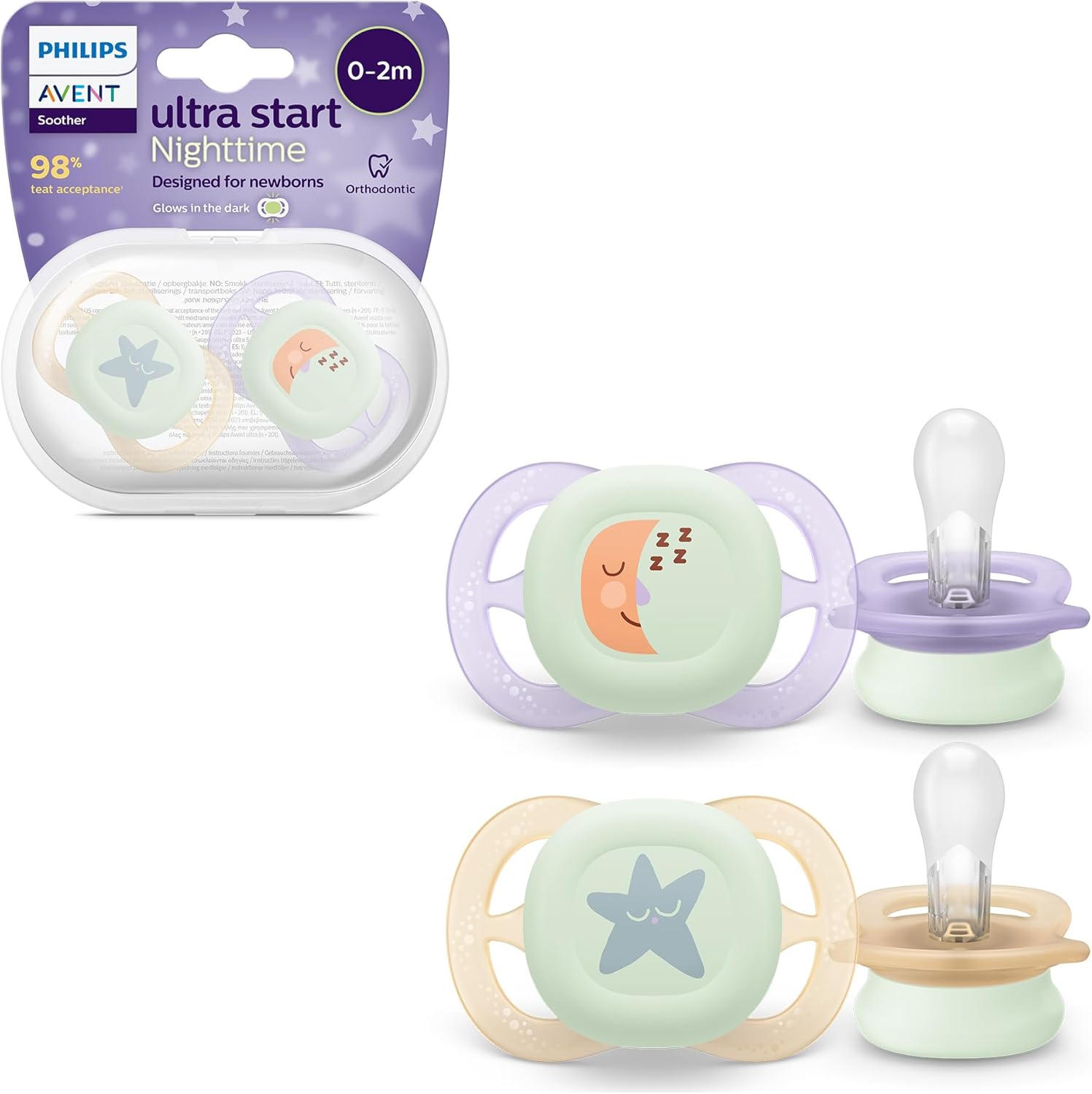 Philips Avent Ultra Start Nighttime Soothers, Orthodontic Dummies Designed for Newborns, Glow in The Dark, Silicone Symmetrical Teat, BPA Free, with Sterilising/Carrying Case, 2 Pack, Model SCF075/07