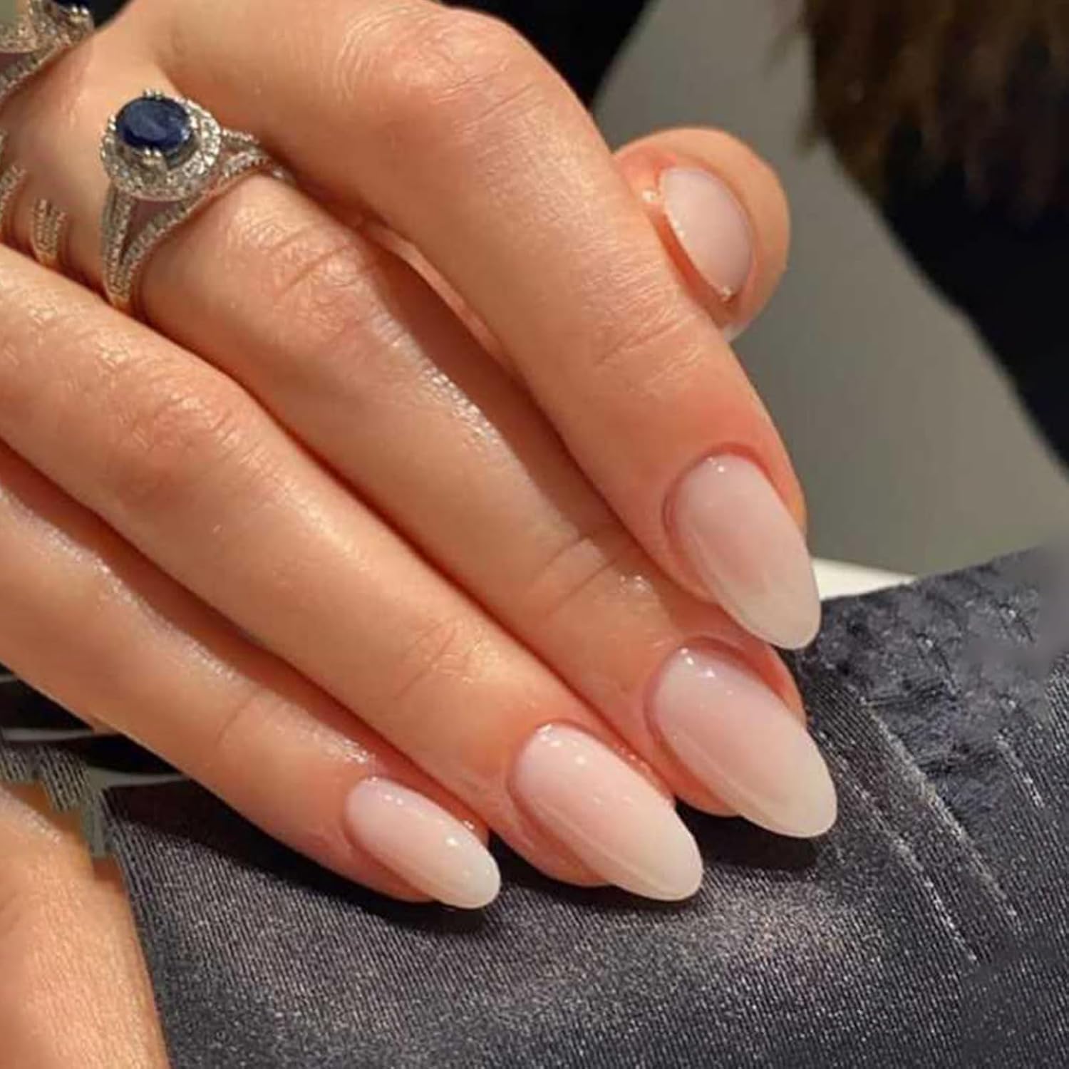 Ceboic French Tip Press on Nails Almond, 24PCS Medium Long Nude Gradient False Nails, Glossy Full Cover Glue on Nails, Reusable Acrylic Fake Nail Kit, Natural Stick on Nail for Women and Girls