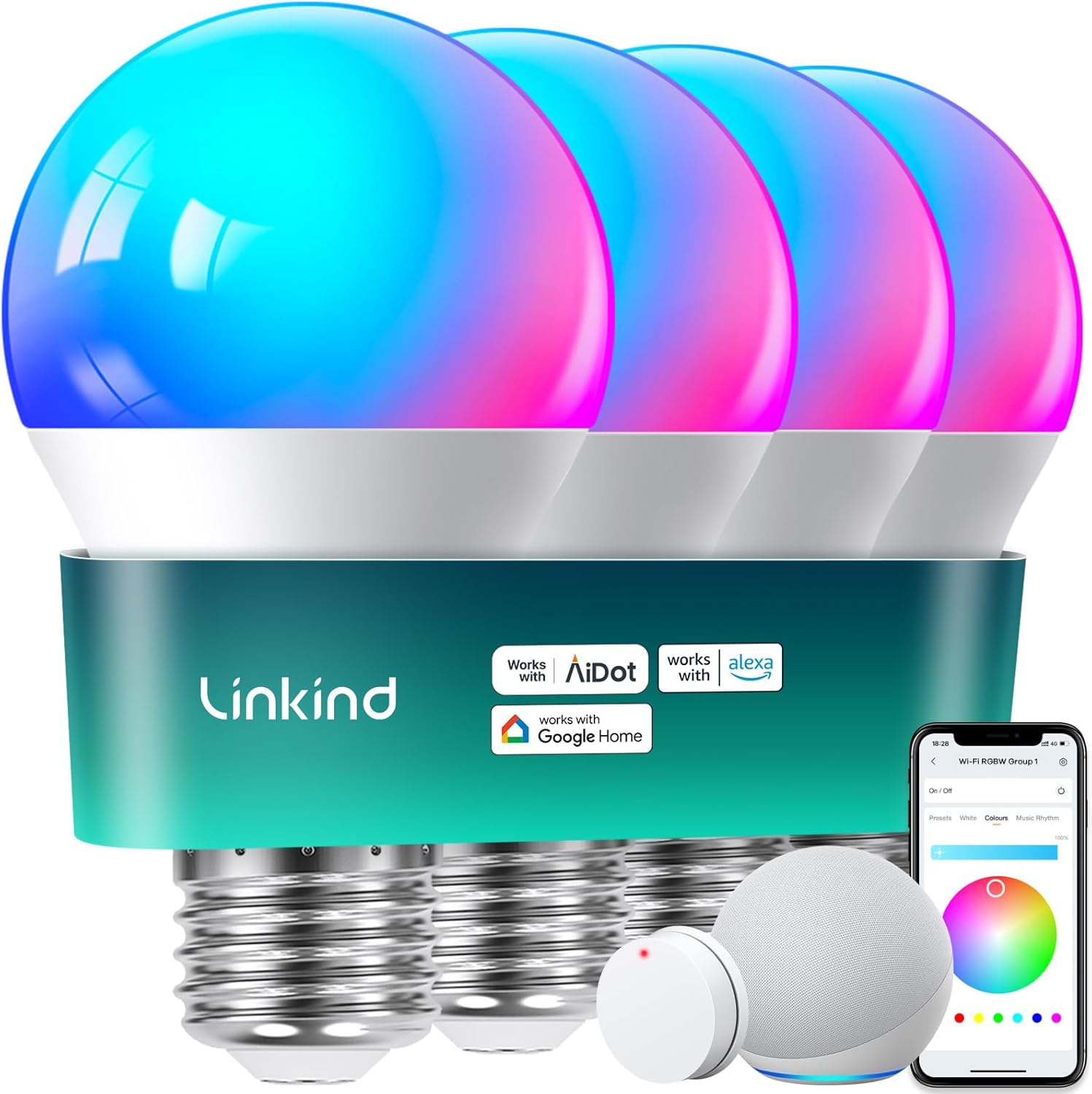 Linkind Smart Light Bulbs with Remote Control, Smart Bulb That Work with Alexa & Google Home, 16 Million Color Changing Light Bulbs 60W, A19 E26 2.4Ghz WiFi Light Dimmable,1800K-6500K,800lm 4 Pack