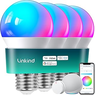Linkind Smart Light Bulbs with Remote Control, Smart Bulb That Work with Alexa & Google Home, 16 Million Color Changing Light Bulbs 60W, A19 E26 2.4Ghz WiFi Light Dimmable,1800K-6500K,800lm 4 Pack