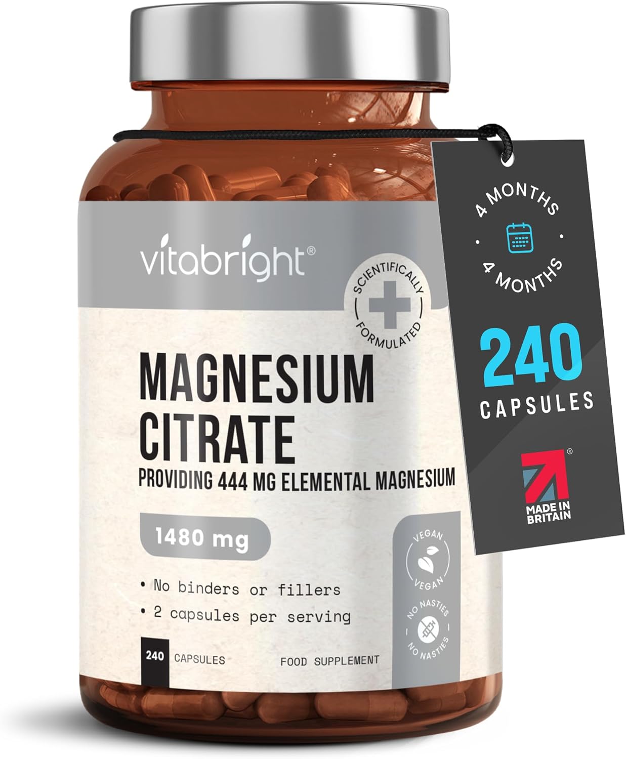 VitaBright Magnesium Citrate Capsules 1480mg | 444mg Elemental Mg | 4 Months | High Strength Magnesium Supplements for Women & Men | Mag Citrate Powder in Capsules (Not Tablets)