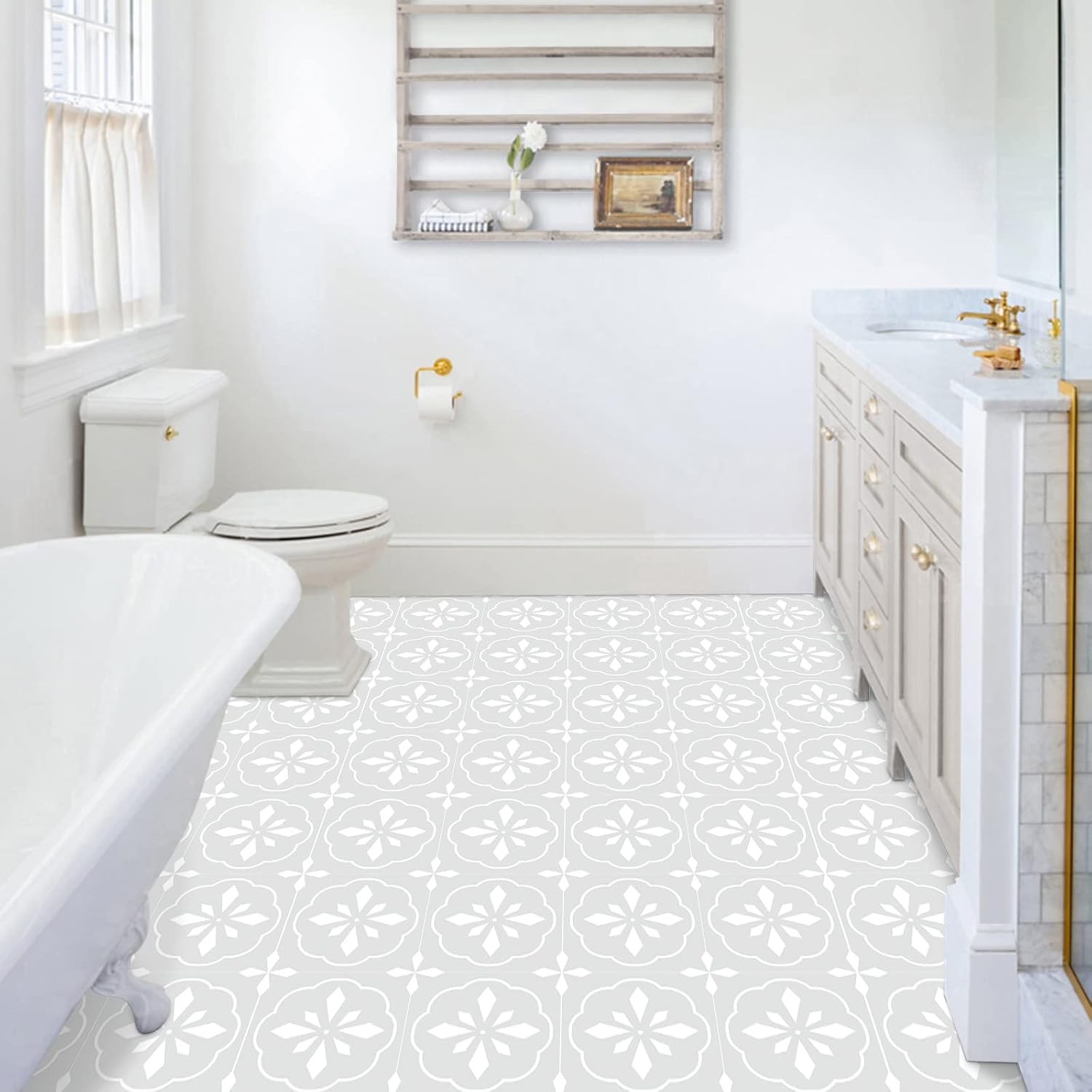 Peel and Stick Floor Tiles Vinyl Flooring Self Adhesive Floor Tile Waterproof for Bathroom Kitchen Living Room Grey White Pattern 20x20 cm 10 pcs