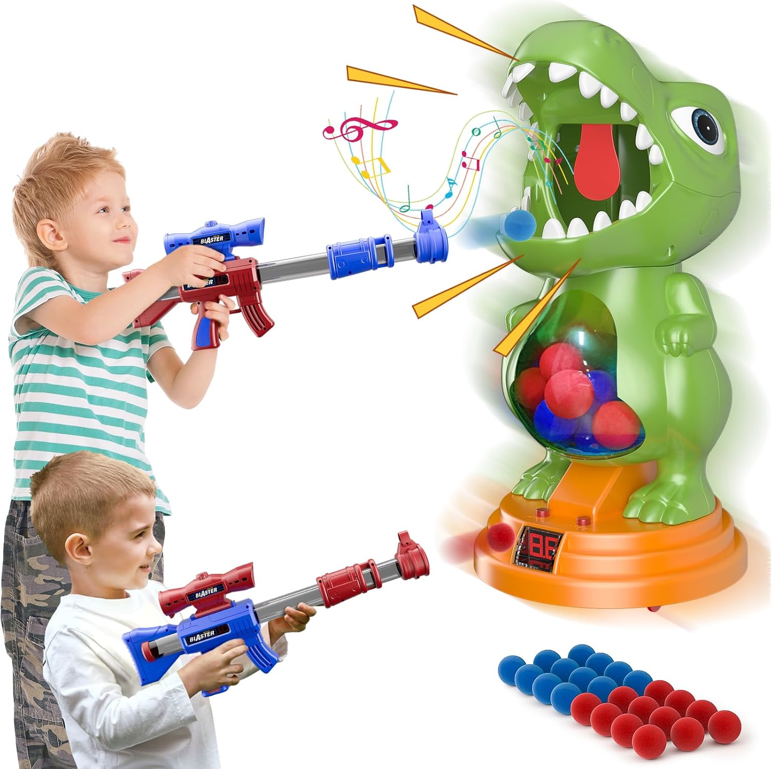 fygurso Movable Dinosaur Shooting Toys for Kids 5-7 with 2 Air Pump Gun, Target Shooting Games with LED Score Record, Light & Sound, 24 Foam Balls Competition Game Gift for Boys and Girls 3-5+(Green)