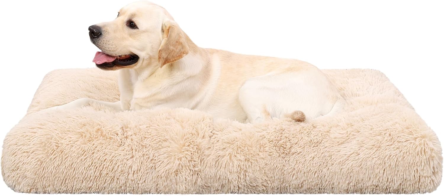 KSIIA Dog Crate Bed Washable Jumbo Dog Beds for Large Dogs Deluxe Plush Fluffy Comfy Thick Kennel Pad Anti-Slip & Anti-Scratch Pet Sleeping Mat, 48 x 29 Inch, Camel