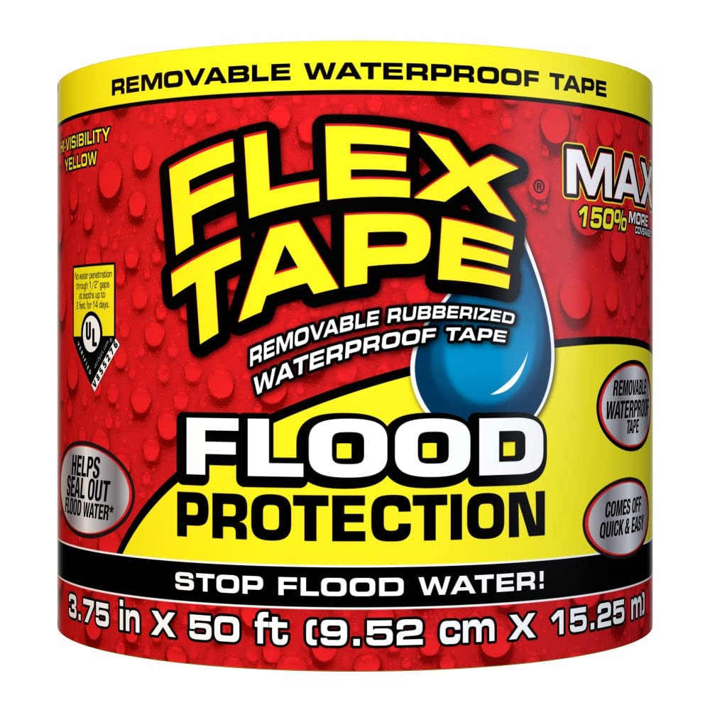 Flex Tape Flood Protection, 3.75 in x 50 ft, MAX, Waterproof Rubberized Tape, Removable, Use on Windows, Doors, Garage Doors, Casings, Thresholds, Conduits, Vents, Ducts