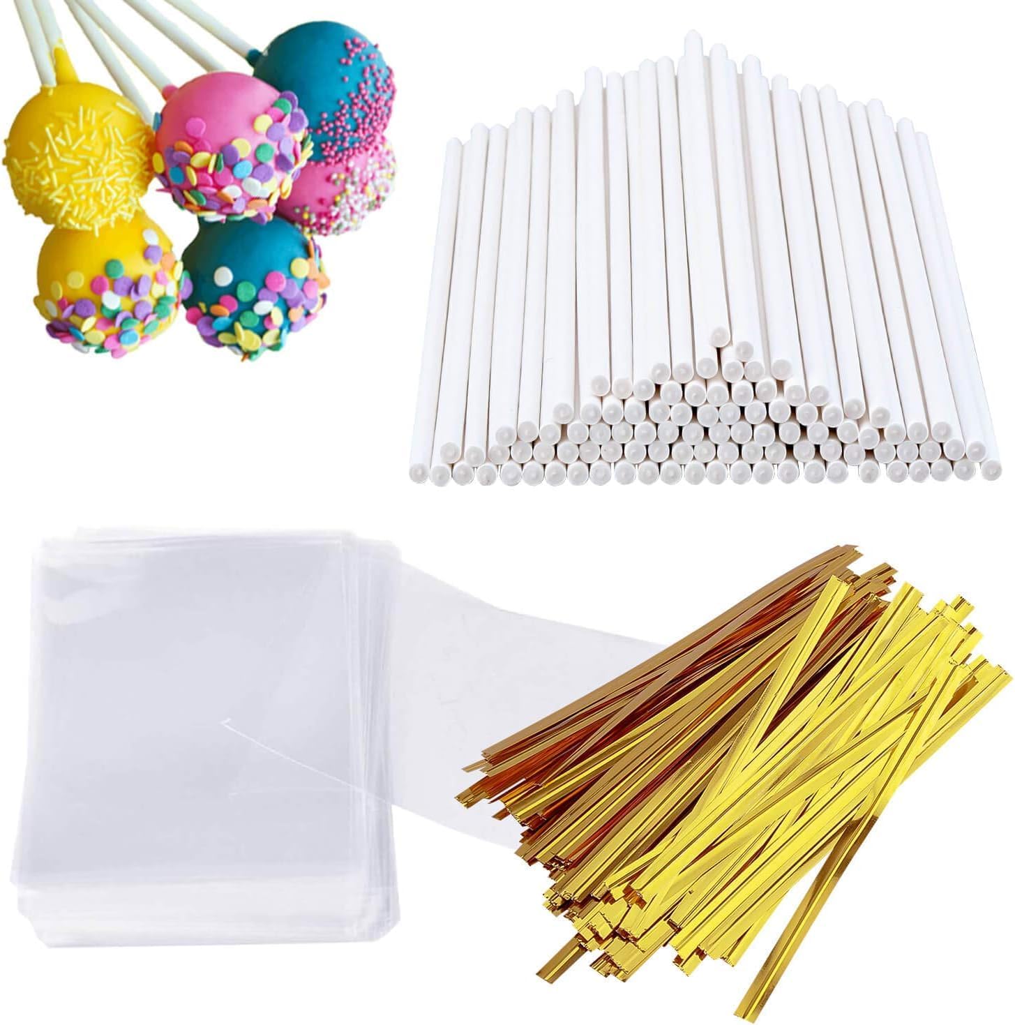 300 PCS Cake Pop Sticks and Wrappers Kit, Including 100ct 15cm Paper Lollipop Sticks, 100ct Clear Candy Treat Bags Parcel, 100ct Gold Twist Ties for Cakepop, Lollipop, Hard Candy, Suckers, Chocolate