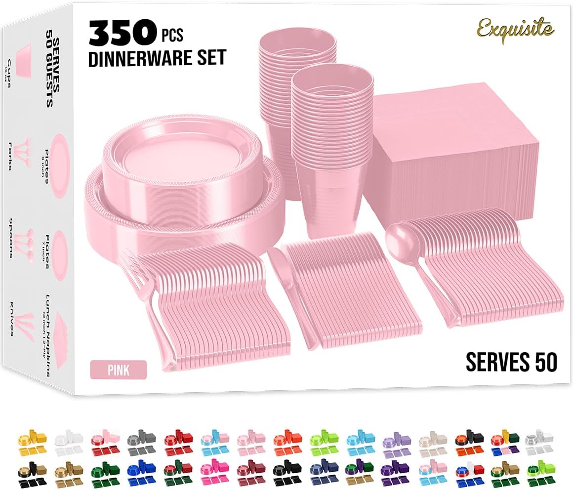 350 Pcs Pink Plastic Plates For Party, Pink Disposable Plates Set, 50 Of Each 9" Dinner Plate Set, 7" Dessert Plate, Cups, Napkins & Cutlery Plastic Dinnerware Party Solids