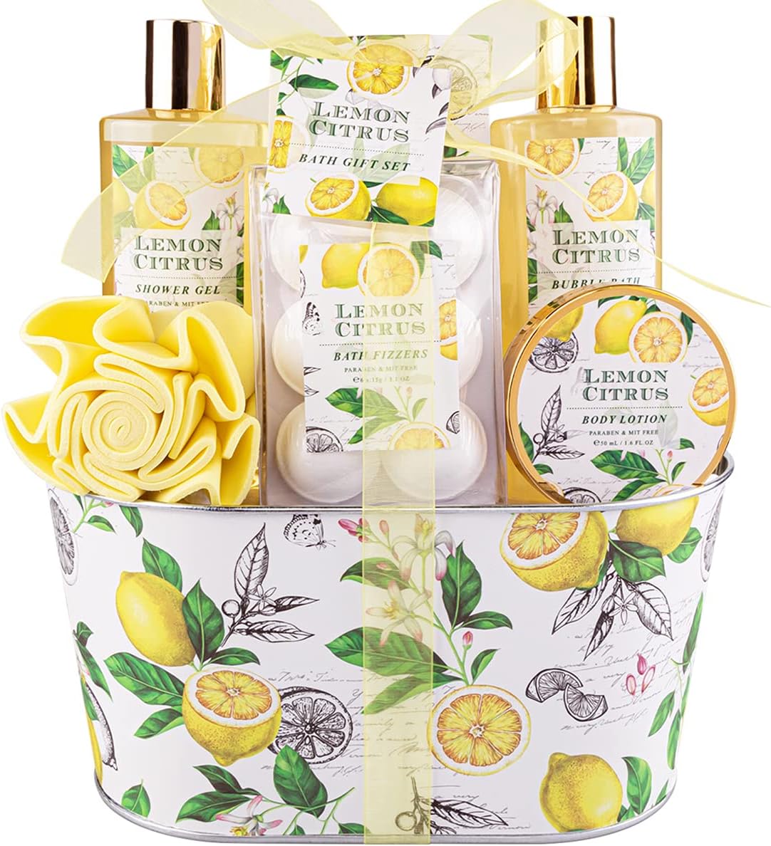 Bath Gift Set, Lemon Citrus Spa Gift Basket for Women, Includes Shower Gel, Bubble Bath, Body Lotion, Bath Frizzes 8 Pieces, Great Gift Idea for Her Birthday