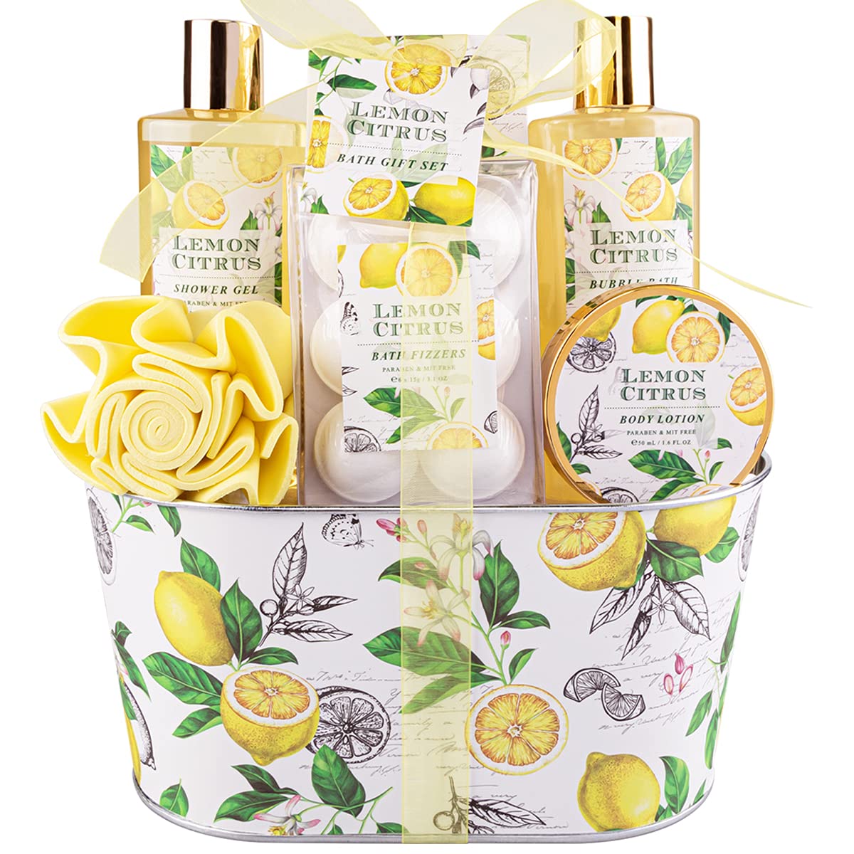 Bath Gift Set, Lemon Citrus Spa Gift Basket for Women, Includes Shower Gel, Bubble Bath, Body Lotion, Bath Frizzes 8 Pcs, Great Gift Idea for Her Birthday