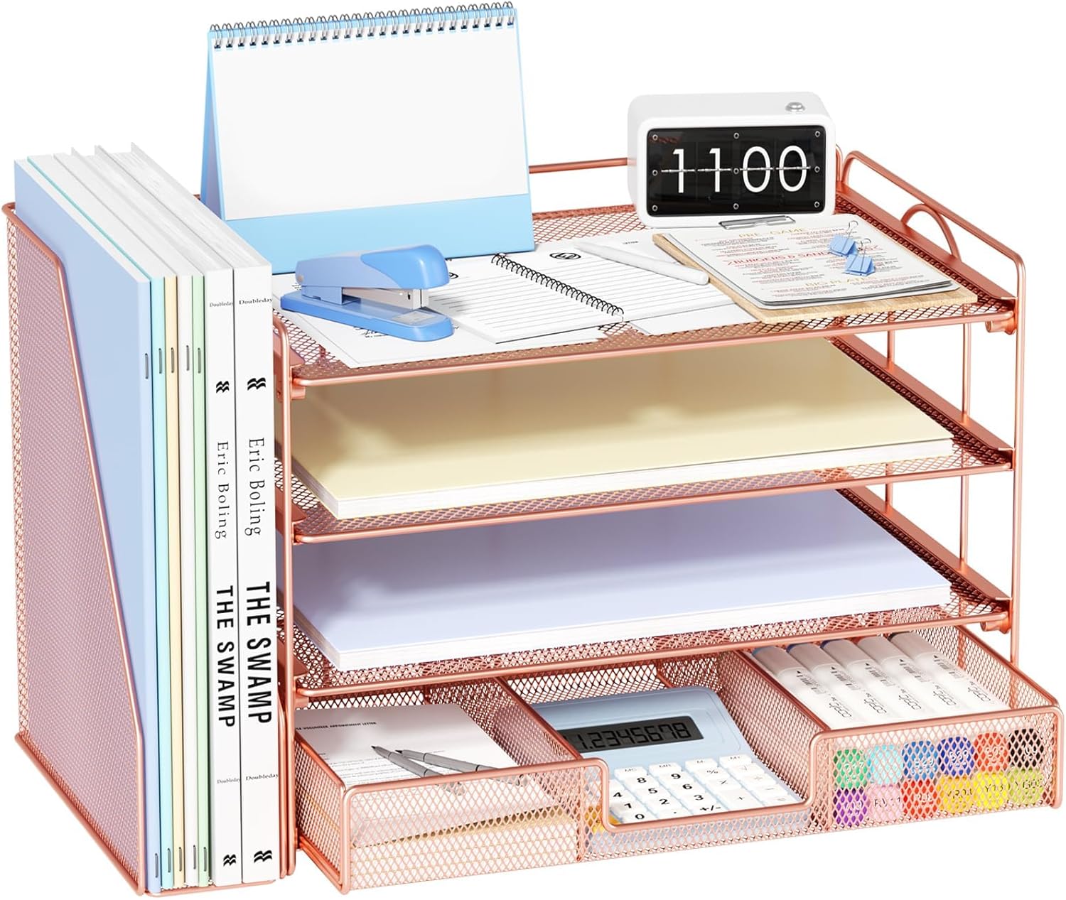 OPNICE Desk Organizers and Accessories, 4-Tier Paper Letter Tray Organizer with Removable File Holder + Drawer, Office Desktop Workspace File Organizer for Office Supplies Desk Accessories (Rose Gold)