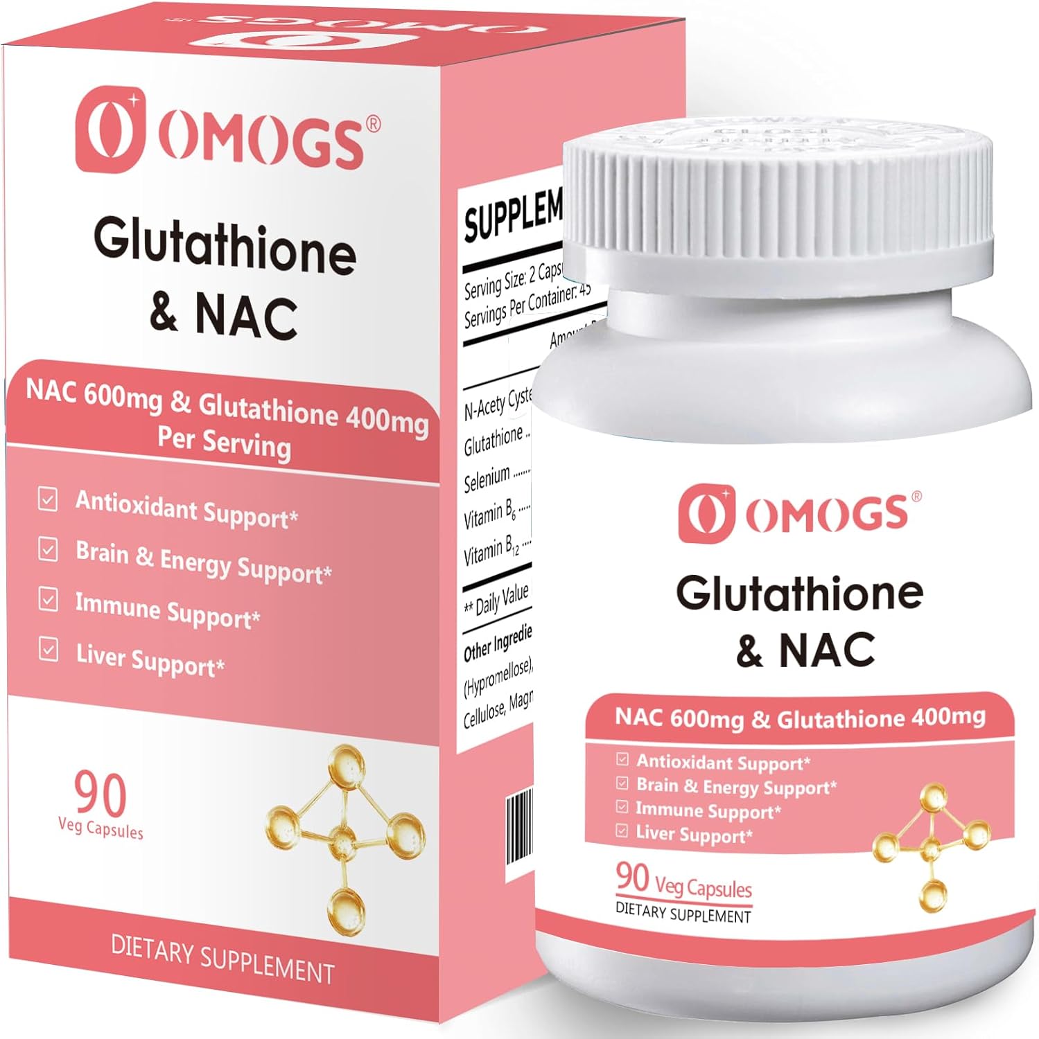 OMOGS Glutathione & NAC Supplement, with vtamin B & Selenium, Supports Liver Health, Cellular, Antioxidant, Energy Production & Immune, Vegan & Gluten-Free, 90 Veg Capsules.