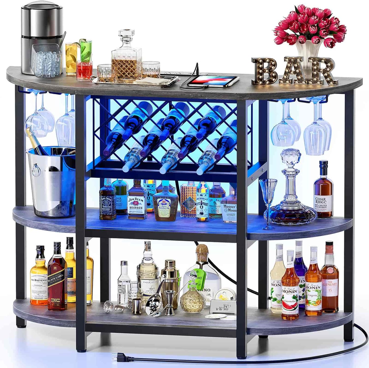 Zarler Bar Cart Bar Table with Power Outlet, LED Home Bar Cabinet for Liquor, Metal Mini Bar Coffee Bar with 4-Tier Storage, Easy to Assemble, Grey