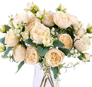 Floweroyal 4 Bunches Peony Artificial Flowers Champagne Flowers Silk Peonies Bouquets for Wedding Party Table Centerpieces Floral Arrangement Home Kitchen Decor.