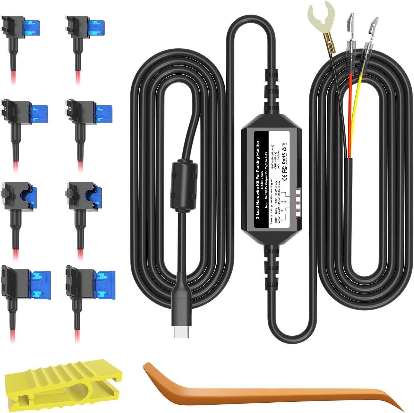 Dash Cam Acc Multi-Size Hardwire Kit with Voltage Indicator for Dash Camera, 24H Parking Monitoring with Low Voltage Protection, USB C Power Port