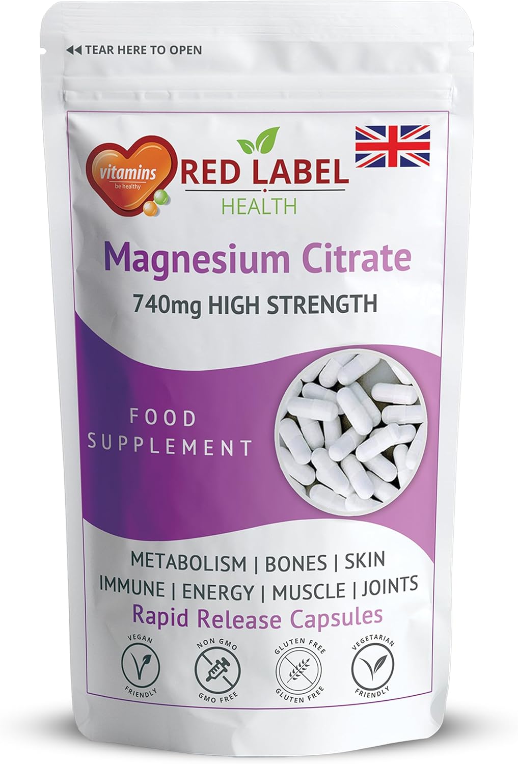 Red Label Health Magnesium Citrate 60 Capsules 740mg Provides 200mg Elemental Magnesium Highly Absorbable Bone, Muscle, Energy Support One a Day Vegan Capsules
