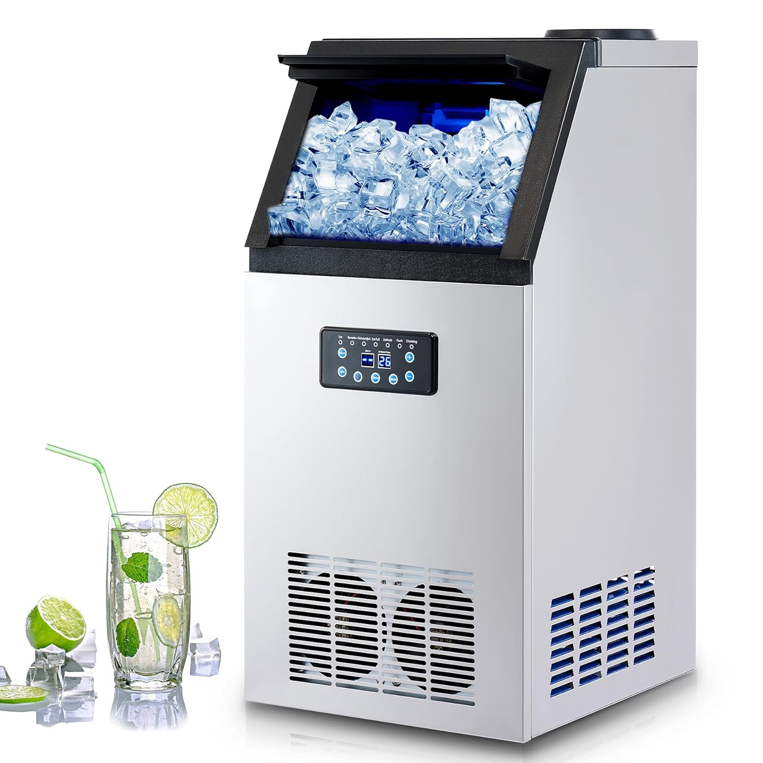 WILPREP Commercial Ice Machine, Industrial Ice Maker Machine, Freestanding Stainless Steel Ice Cube Machine with 10kg Ice Storage Capacity for Bar Home Supermarkets（72.5kg/24h 45 Ice Cubes）