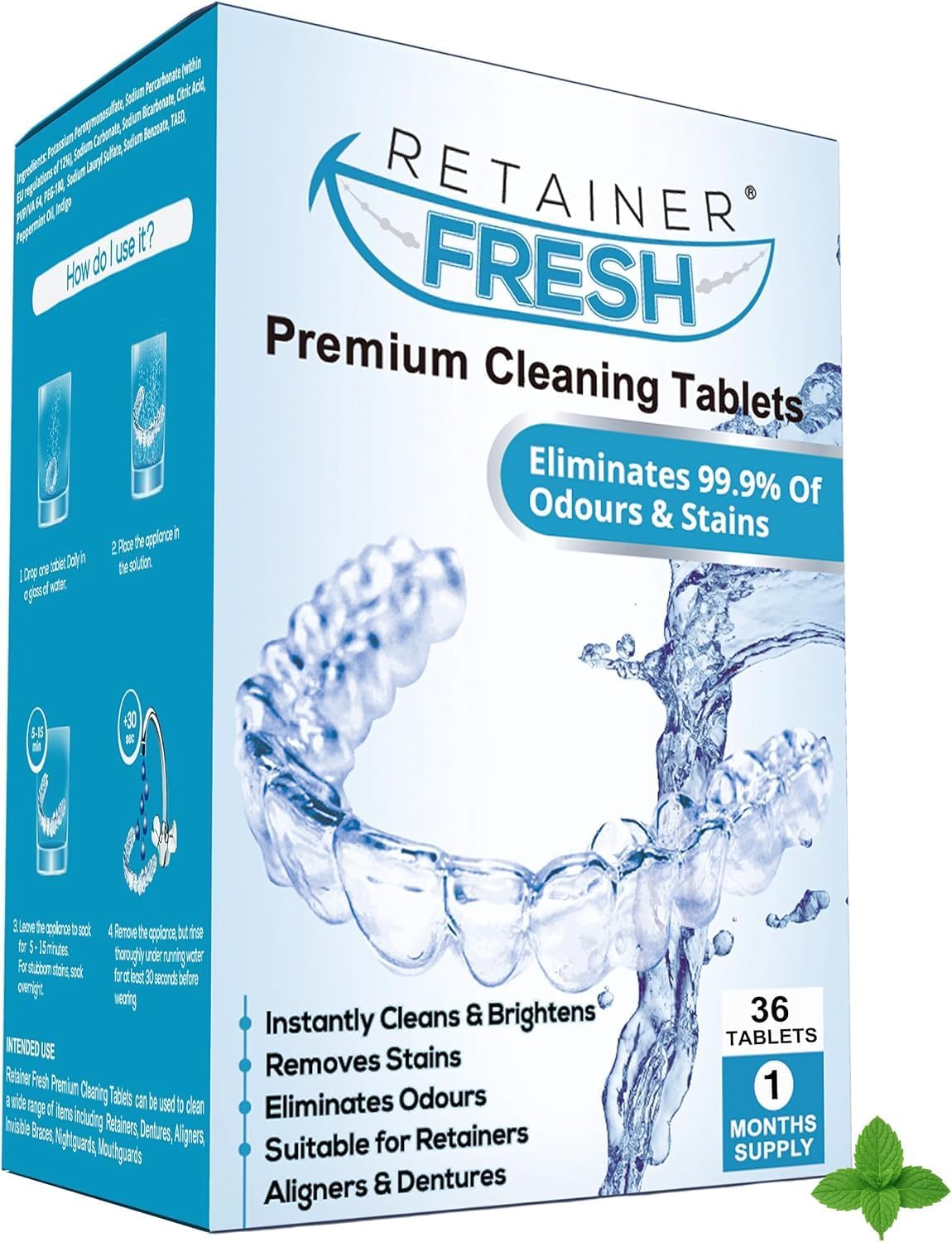 Retainer Cleaner Tablets - 36 Tablets 1 Month Retainer Fresh - Retainer Cleaning Tablets, Mouth Guard Cleaner, Denture Cleaner, Aligner Cleaner, Brite Retainer Tablets