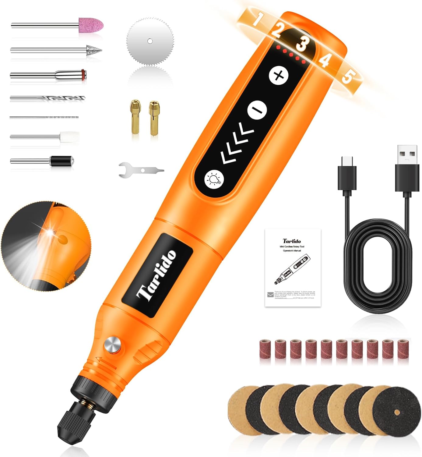 Cordless Rotary Tool Kit, 3.7V 2.0Ah Rechargeable Battery, 18000RPM 5-Speed Multi Power Carving Tools, 31Pcs Accessories, Engraving, Sanding, Grinding, Polishing, Carving, Etching, DIY-Orange