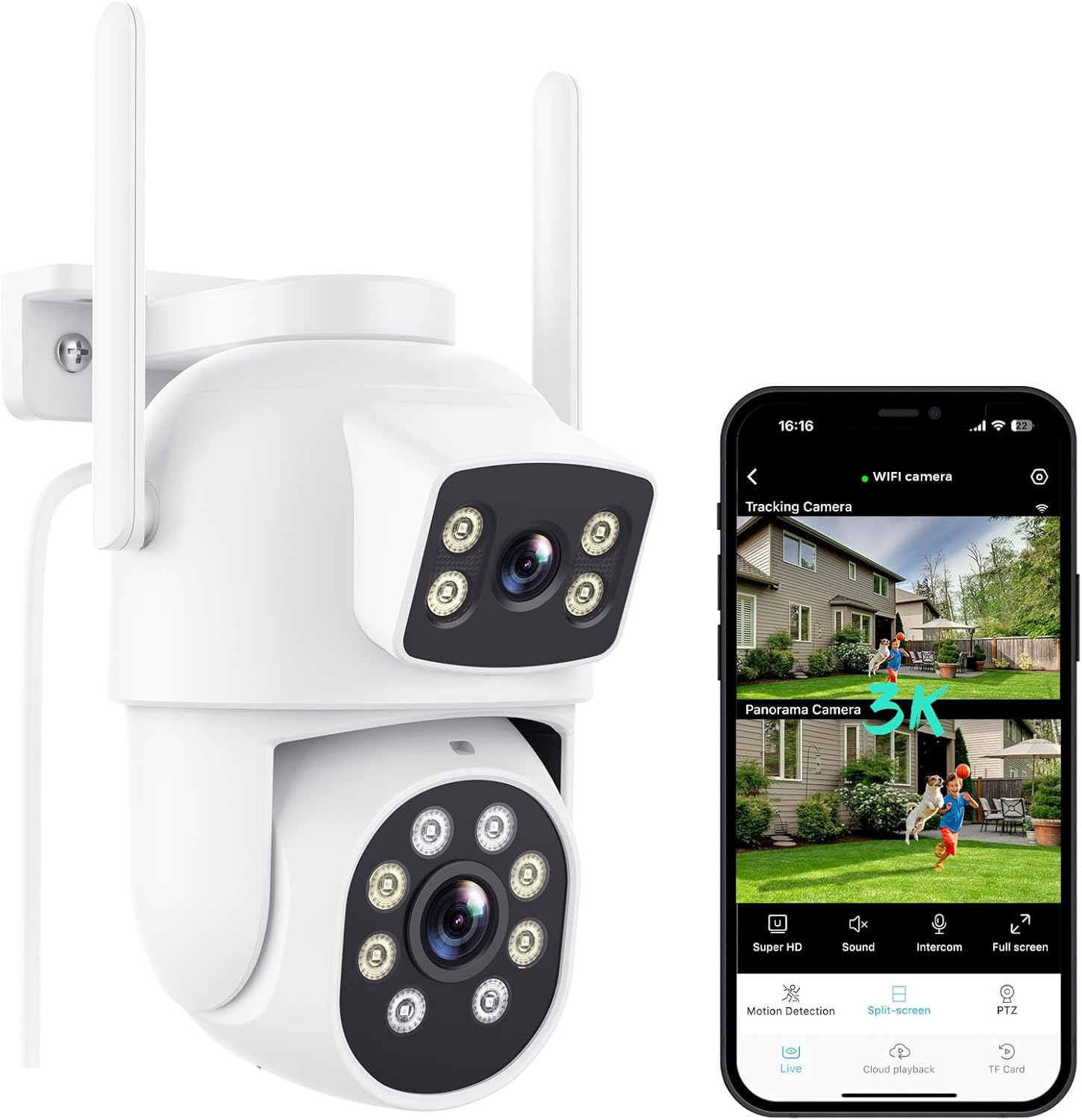 Reobiux Dual Lens Outdoor Security Camera, 2.5K/6MP PTZ Home Security WiFi Cameras, CCTV Camera with Auto Tracking, Human Detection, 30m Color Night Vision, Two-Way Audio, IP66, Works with Alexa