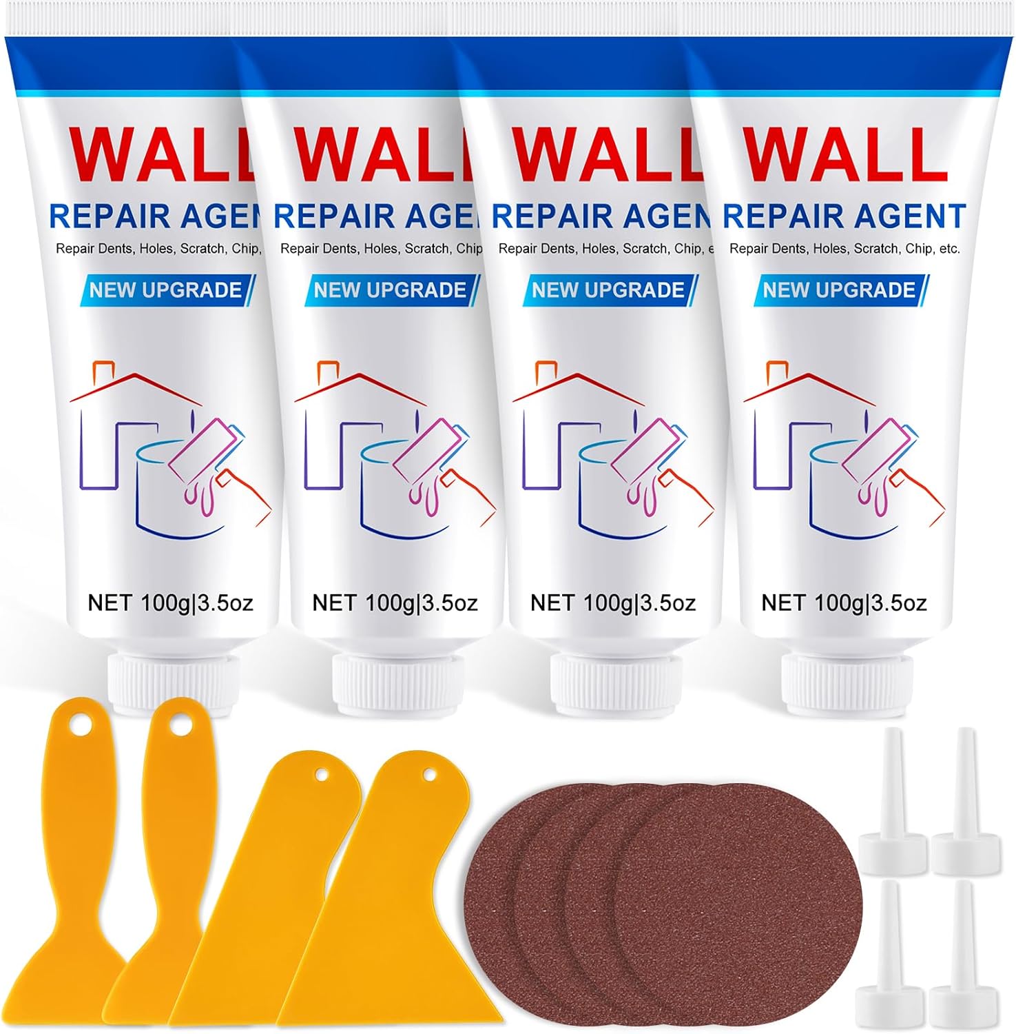 4 Pack Drywall Repair Kit, Wall Spackle Repair, Wall Mending Agent, Drywall Repair Agent, Wall Patch Repair Kit with Scraper and Sandpaper(4 x 100g)