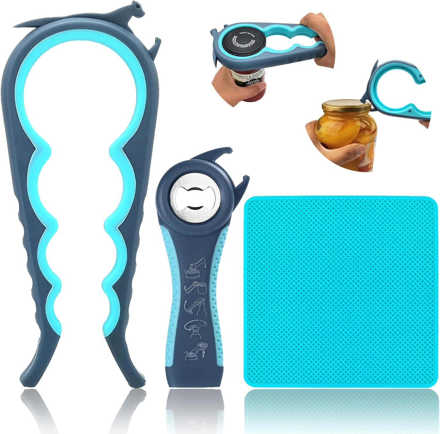 Otstar 6 in 1 Jar Opener 5 in 1 Bottle Opener with Rubber Jar Gripper Pad Ideal for Seniors with Arthritis Weak Hands and Children(Blue and Grey)