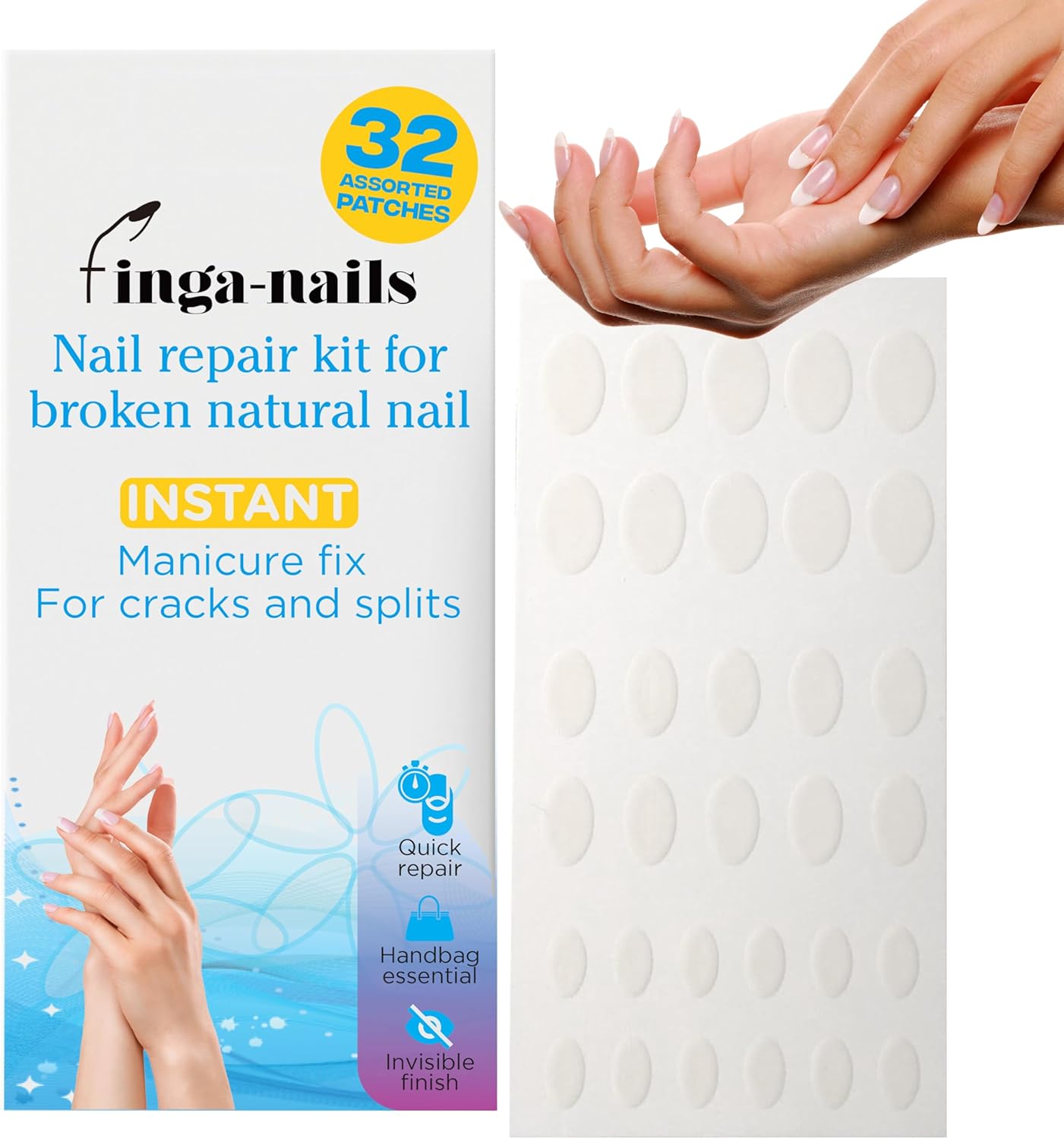 32 Instant Split Nail Saver Patches - Clear Self-Adhesive Broken Nail Repair Kit for Cracks and Splits - Temporary Manicure Fix Protector for Natural Fingernails & Polish