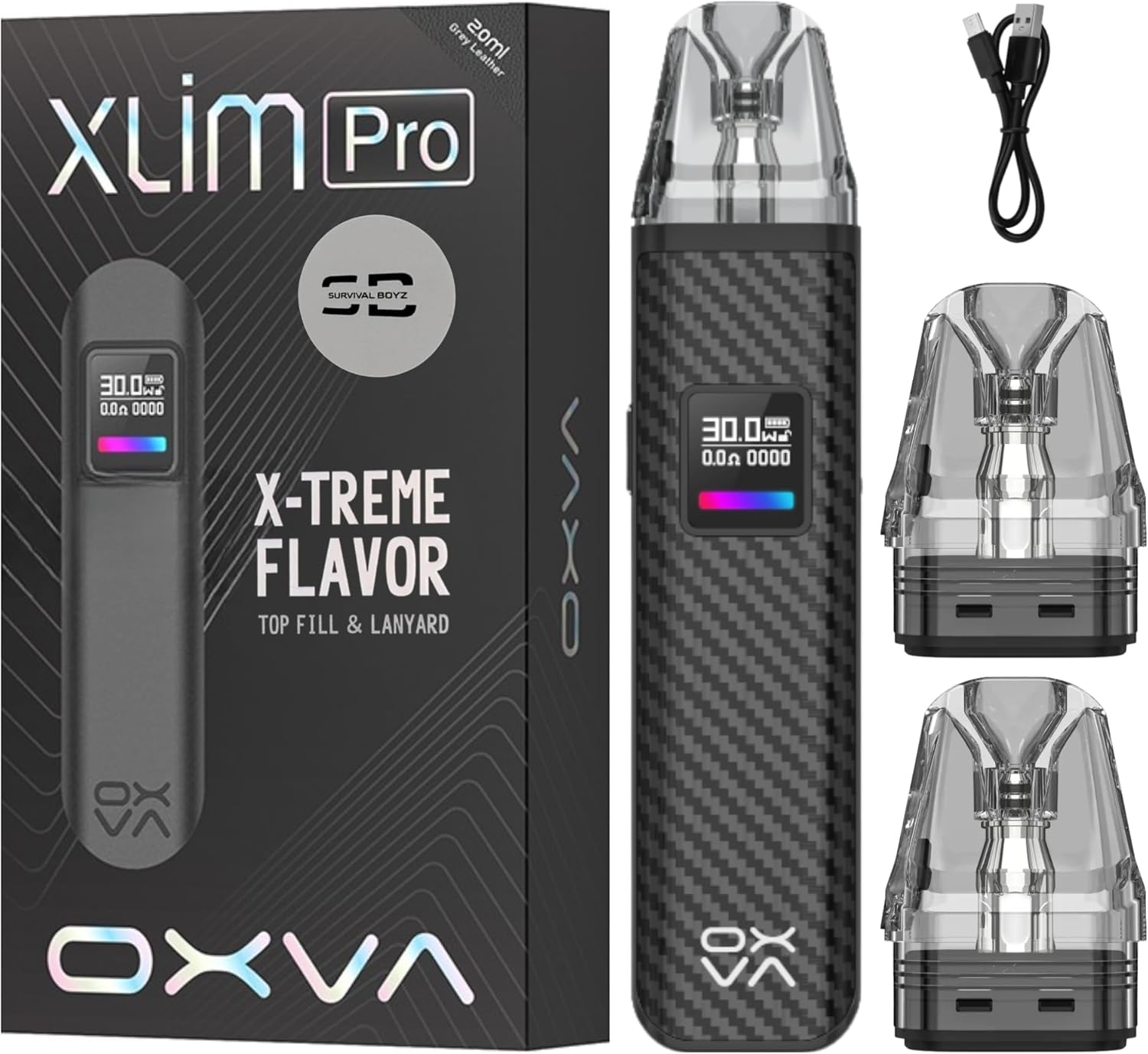 Oxva Xlim Pro Vape Kit [Black Carbon] - Available in 20 colours - 2A Fast Charge, 1000mAh Battery, 30W Output, Airflow Control, RGB Lights - Compatible with Oxva Xlim Pods V2 & V3 - No Nicotine