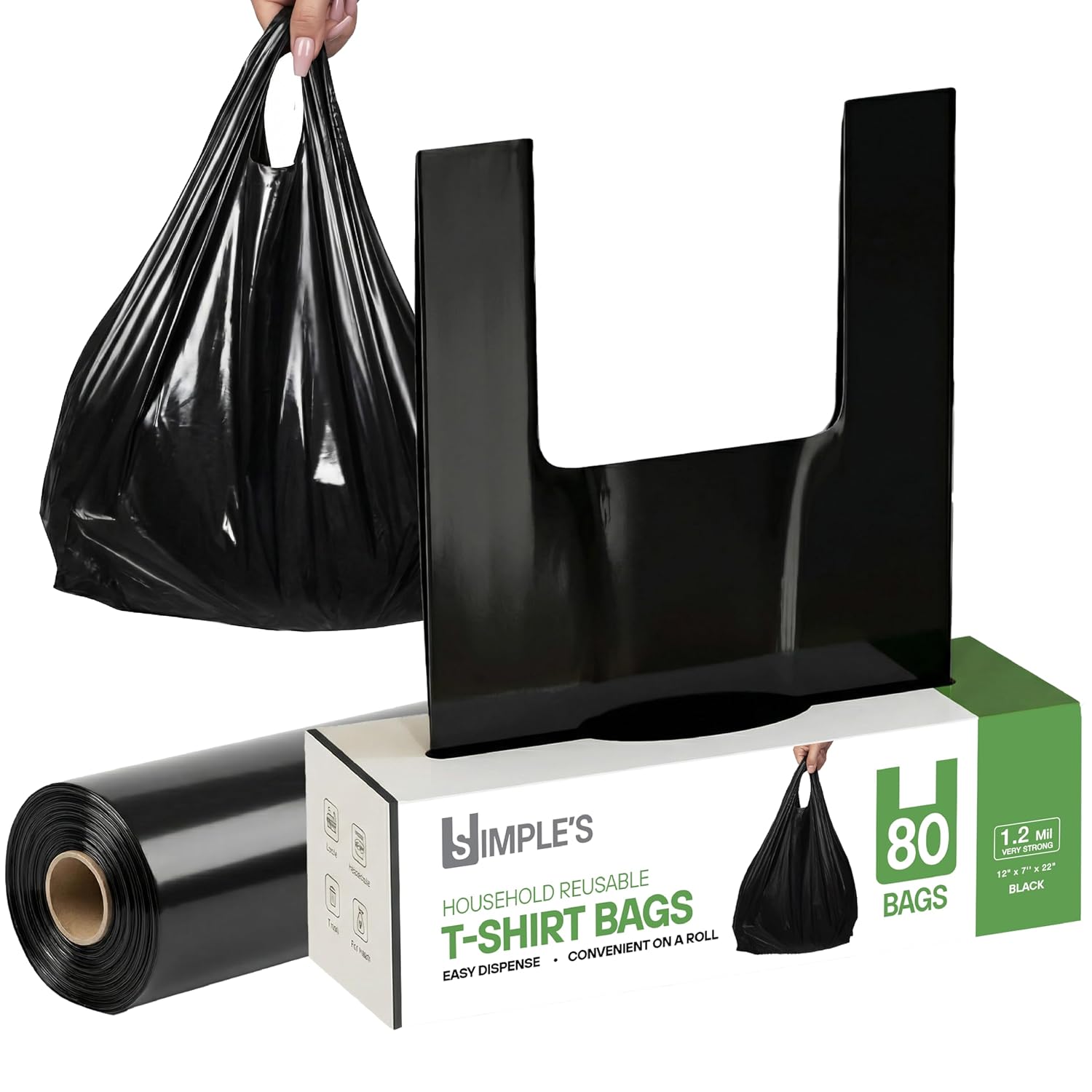 Simple's Black Plastic T-Shirt Bags with Handles – 80 Count – 12"x7"x22" – 1.2 Mil – Grocery & Retail