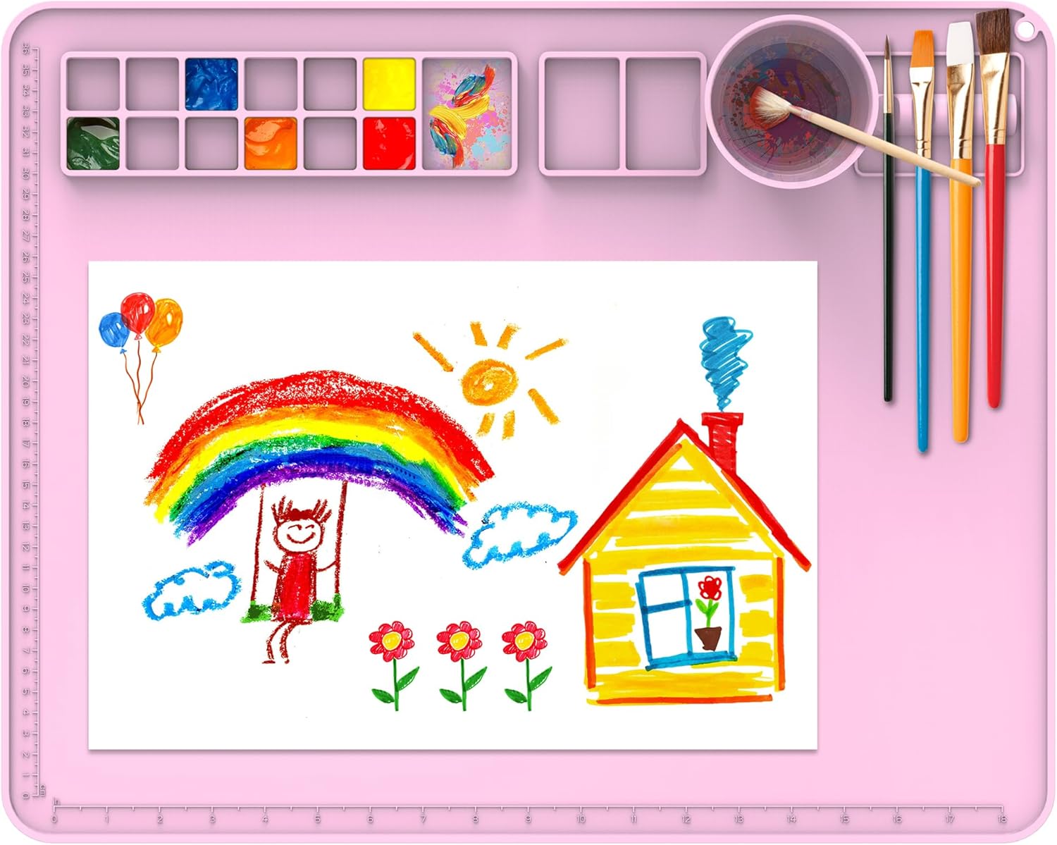 IYYI Silicone Painting Mat, Paint Mat with Cup and Palette, 20"X16" Siliocne Pad for Crafts, Resin, Clay, Kids Art Pad with Raised Edge (Pink)