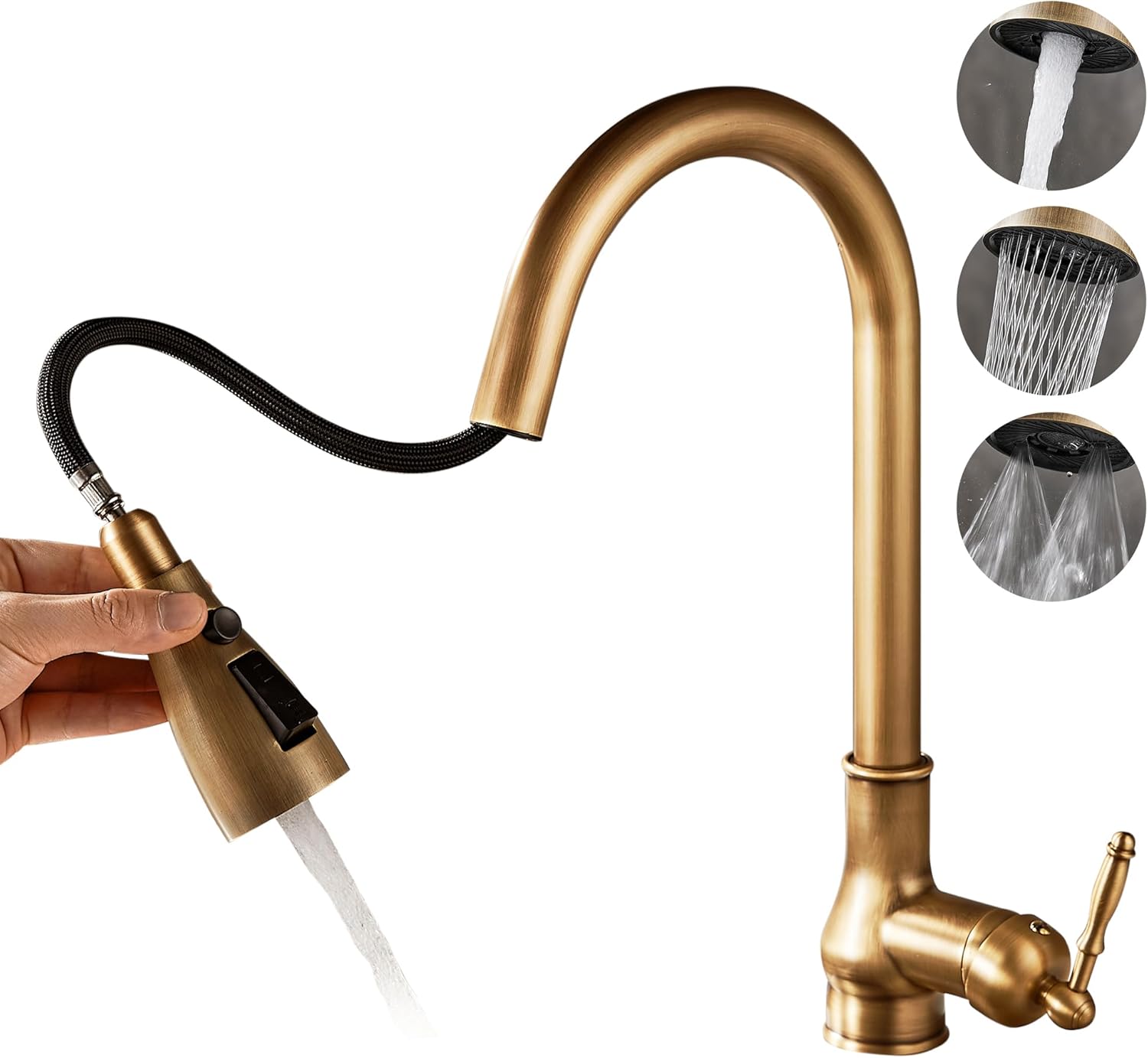MOGFCT Vintage Brass Antique Bronze Kitchen Faucet, with Pull Down Sprayer