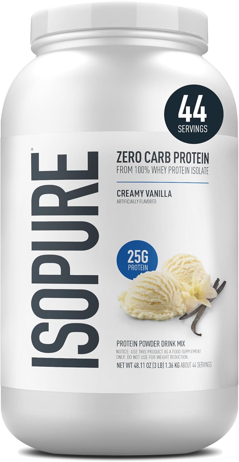 Isopure Zero Carb 100% Pure Whey Isolate Protein Powder, Gluten Free, with Vitamins, Creamy Vanilla, 25g Protein Per Serving, 3 Lbs, 44 Servings (Packaging May Vary)
