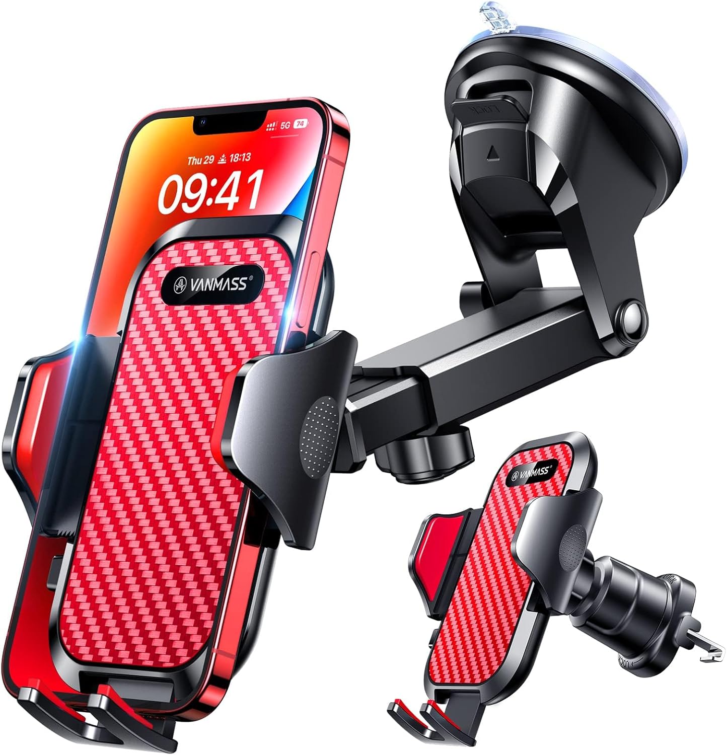 VANMASS BEST Car Phone Holder [Upgraded Suction & Clip] Rotatable Universal Mobile Phone Mount Dashboard Windscreen Vent Cradle Van Automobile Accessories for iPhone 15 Pro Max 14 13 12 8,Red