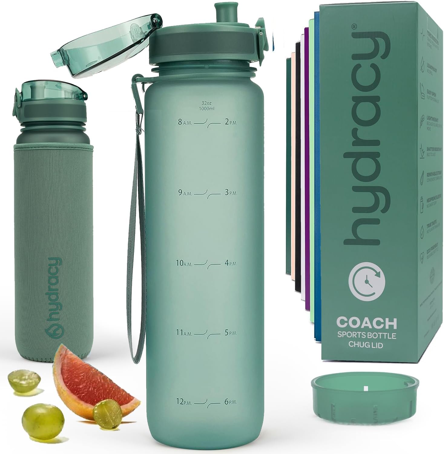 Hydracy Water Bottle with Time Marker -Large 1 Litre BPA Free Water Bottle & No Sweat Sleeve -Leak Proof Gym Bottle with Fruit Infuser Strainer & Times to Drink -Ideal for Fitness Sport & Outdoor