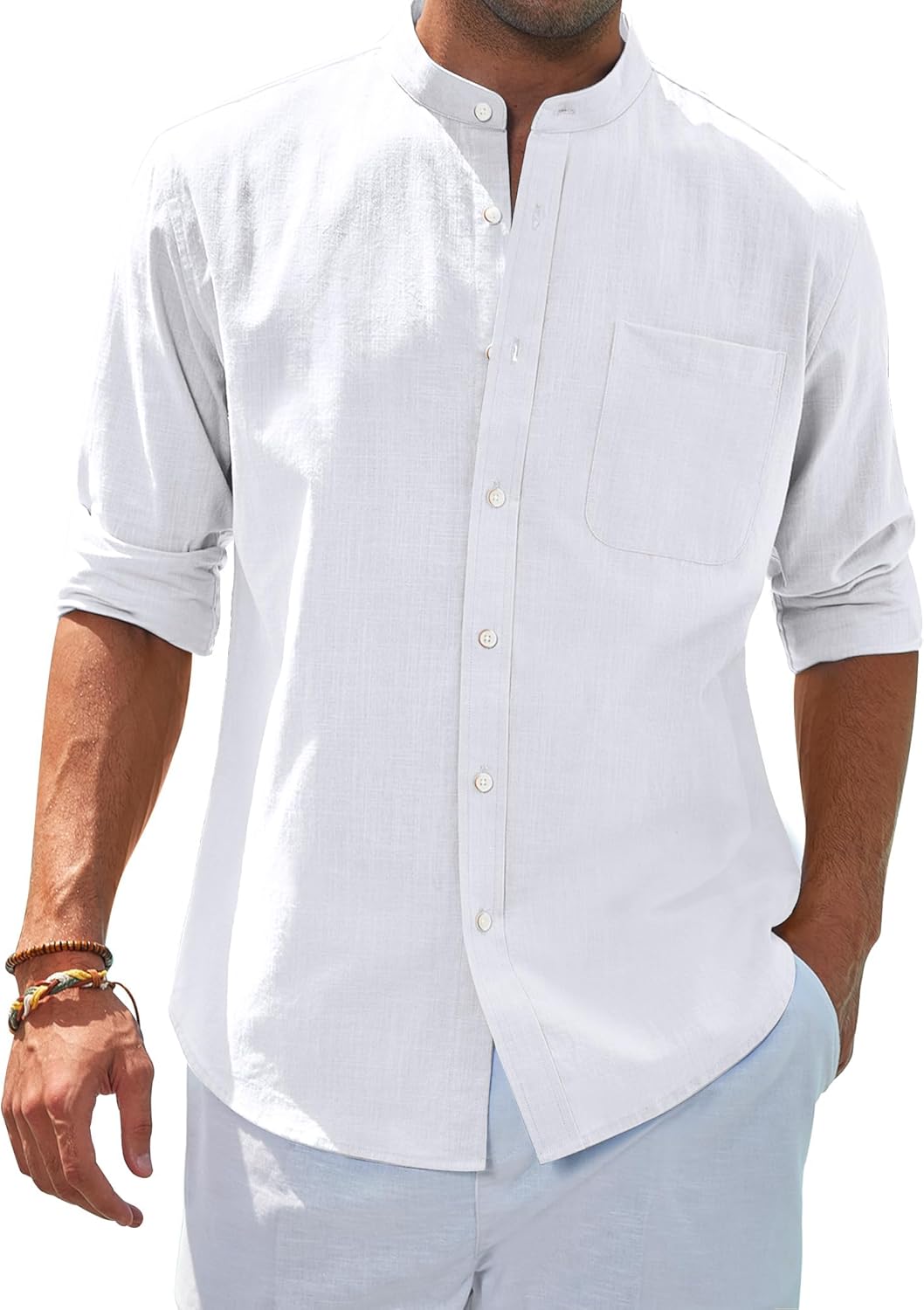siliteelon Men's Shirts Grandad Collar Long Sleeve Banded Collar Linen Shirts Regular Fit Beach Shirt with Pocket