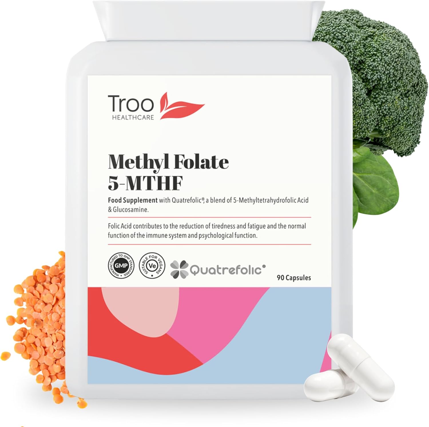 Troo Health Care Folic Acid 600µg 90 Capsules as Quatrefolic Methyl Folate 5-MTHF Supplement - 6S-5-Methyltetrahydrofolate - Superior Bioavailable Activated Folic Acid Supplement - UK Manufactured