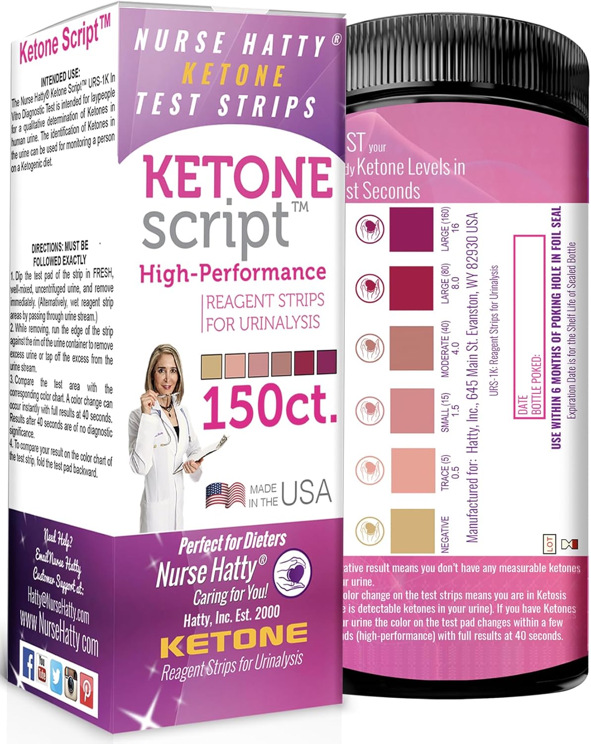 Nurse Hatty - Ketogenic Keto Strips – Fresh – USA-Made – High-Performance – Now Lasts 6 Months - 2-Year Shelf Life (150ct. Long Ketone Test Strips)