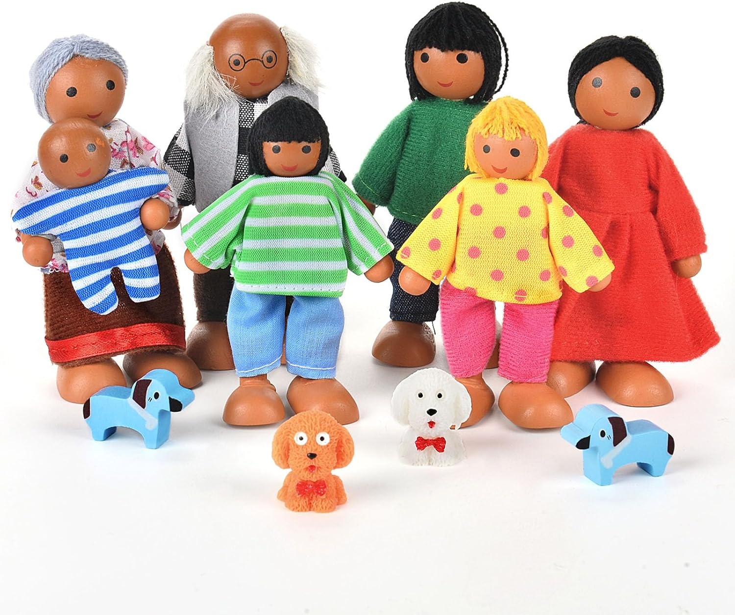 Aolso Wooden Dolls House Family Dolls Toys, Sets of 7 People Wooden Doll House Dolls with 4 Dogs, Lovely Happy Family Dolls Playset DollHouse Accessories, Dolls People Playset for Kids