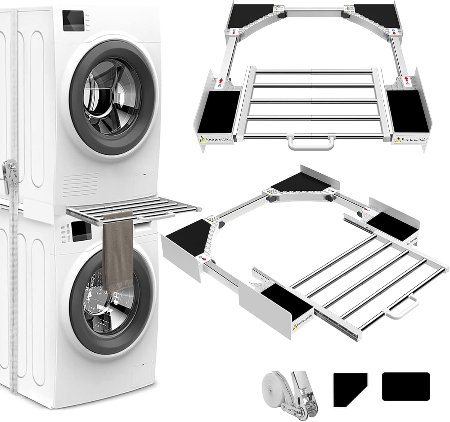 NIUXX Universal Stacking Kit for Washer and Dryer, Adjustable Stacking Shelf Kit Fit for 53-68 cm Washing Machine and Tumble Dryers, Drawer Stacking Shelf with Ratchet Ropes and Anti Vibration Feet
