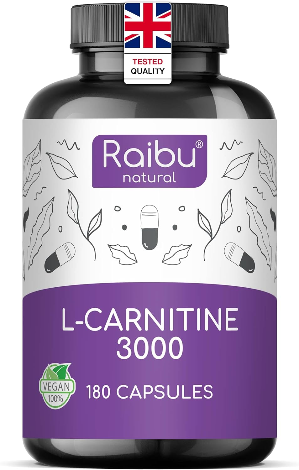 L-Carnitine 3000-180 High-Strength Capsules with Vitamin C - L-Carnitine Tartrate 3000mg per Daily Dose - Energy & Metabolism Support - Vegan, Natural & Laboratory Tested - Raibu