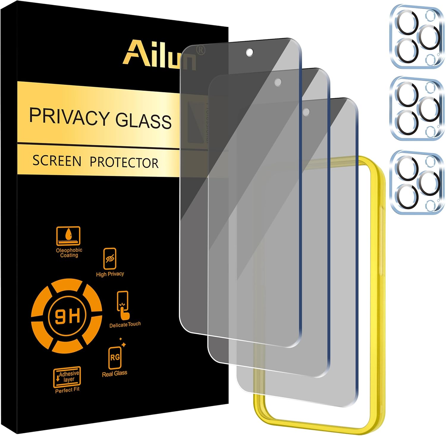 Ailun 3Pack Privacy Screen Protector for iPhone 15 Pro [6.1 inch]+3Pack Camera Lens Protector with Installation Frame,Dynamic Island Compatible,Anti Spy Private Tempered Glass[9H Hardness]-HD