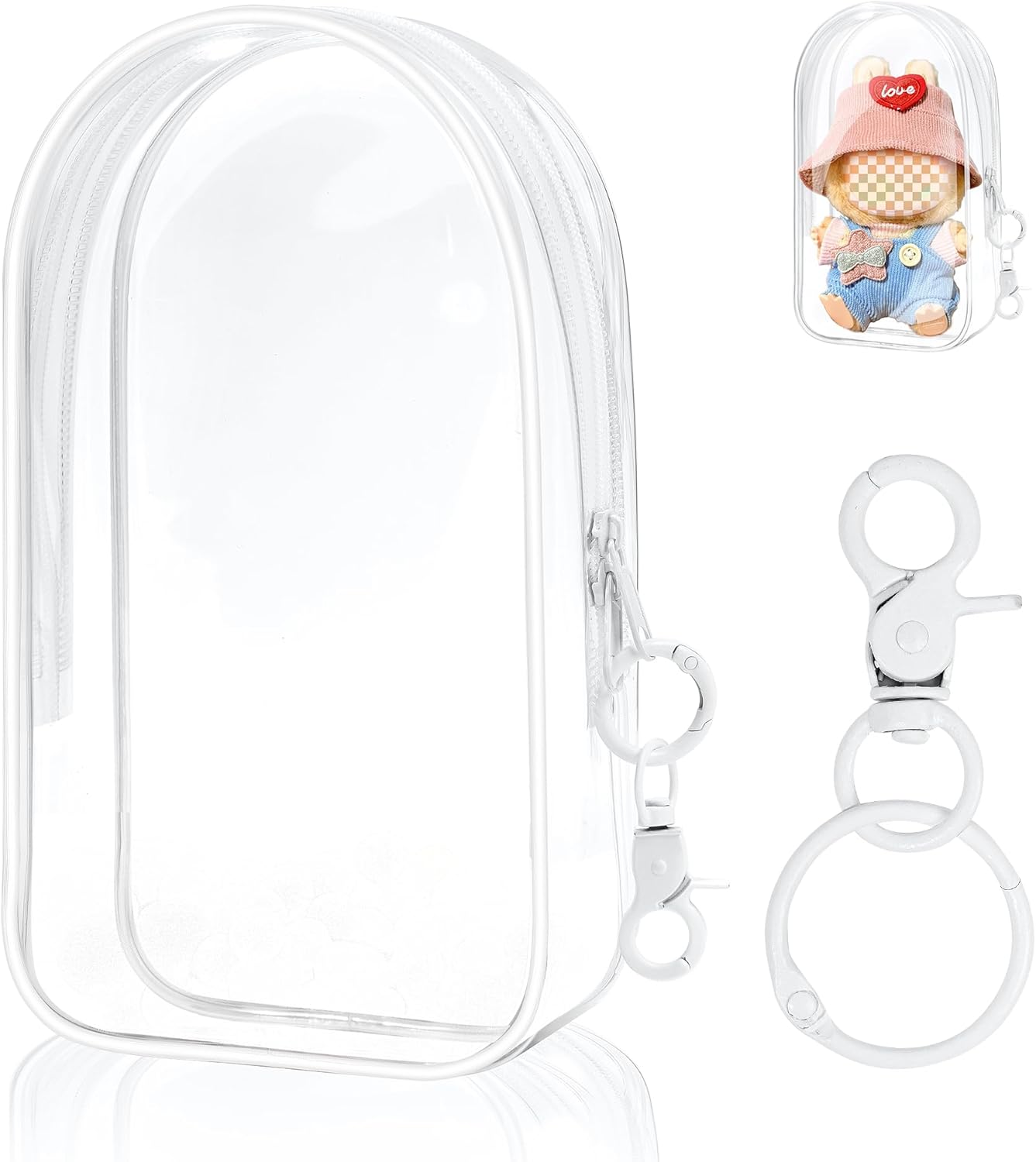 Clear Figure Display Bag with Keychain for Doll, Positive Doll Storage Bag, Pouch Keychain Charms for Collectibles (with Zipper- Waterproof) Building Block Storage Bag,8.2 * 4.6 inch