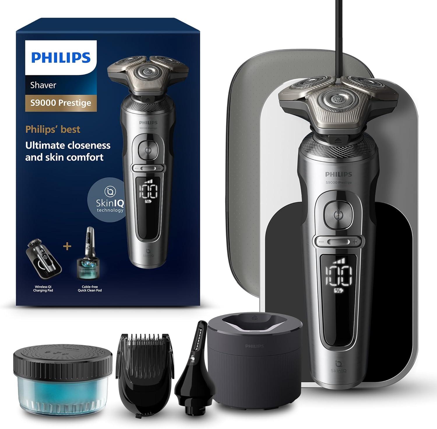 Philips Wet and Dry Electric Shaver Series 9000 Prestige, Razor with NanoTech Dual Precision Blades, Hydro SkinGlide Coating, Ultraflex Suspension System, Top-Spin Digital Motor (Model SP9885/35)