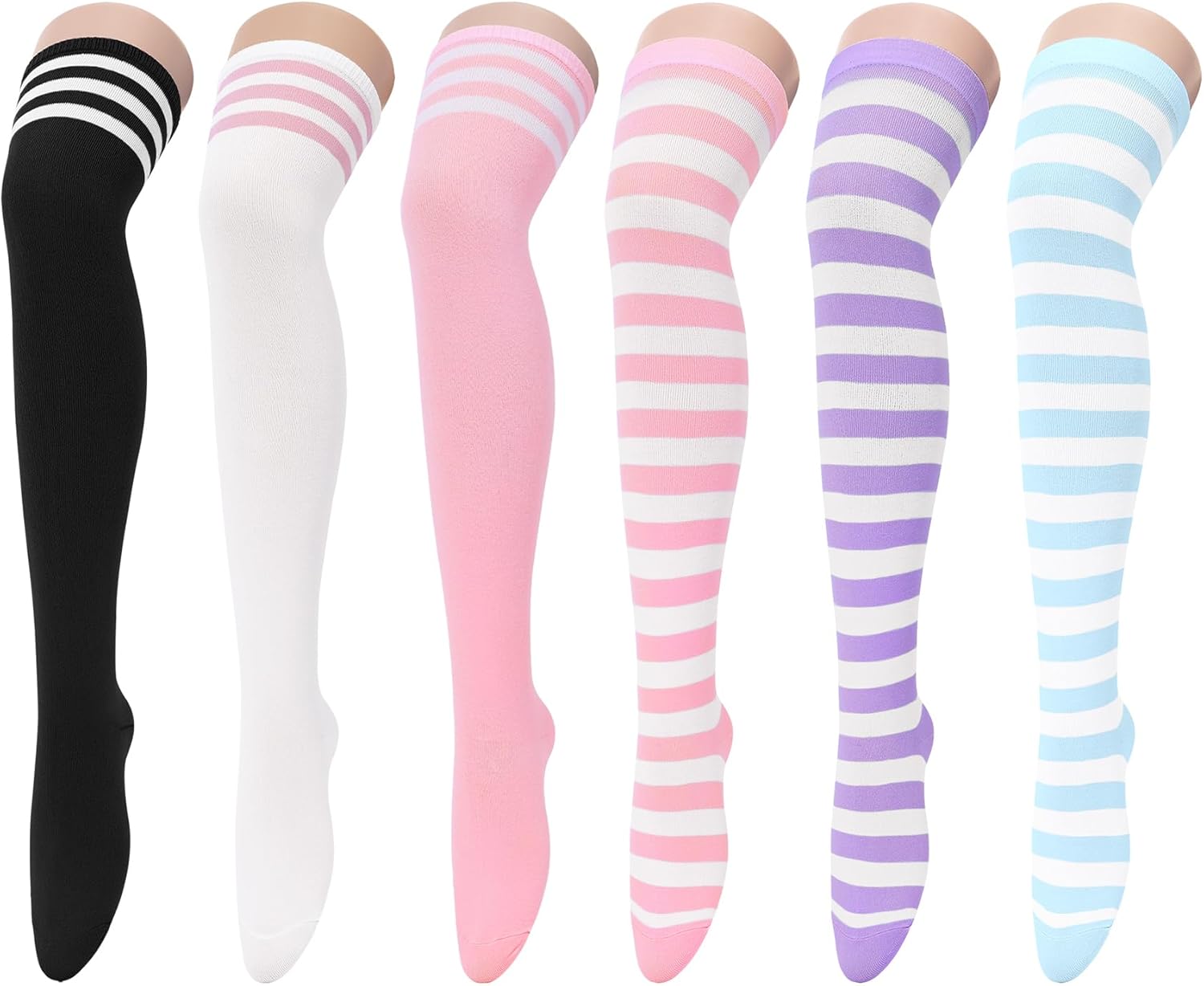 Zando Women's 6-Pack Cotton Thigh High Over Knee Socks - Striped Boot Socks & Leg Warmers for Daily, Sports, Cosplay
