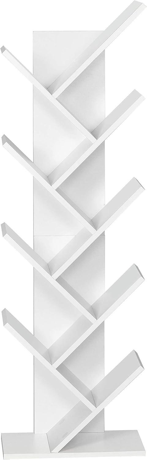 Mondeer Bookcase, Tree Bookshelf 8 Tier Wooden Free Standing Shelves for CDs Magazine in Living Room Home Office White, 40 x 127 x 20 cm