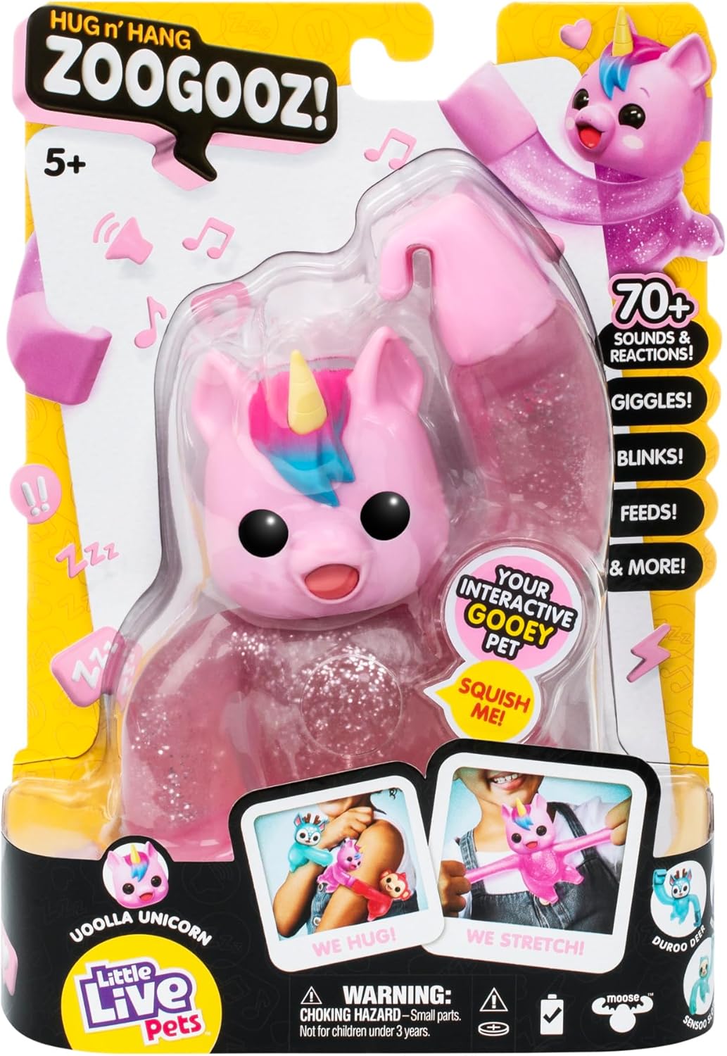 Little Live Pets Hug n' Hang Zoogooz - Uoolla Unicorn. Interactive Electronic Squishy Stretchy Toy Pet with 70+ Sounds & Reactions. Stretch, Squish & Link Their Hands. Display Them & Hang Them Around