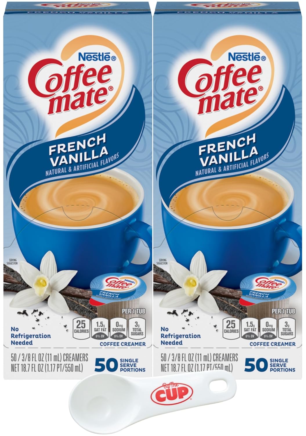 Nestle Coffee mate Liquid Coffee Creamer Singles, French Vanilla, 50 Ct Box (Pack of 2) with By The Cup Coffee Scoop, 37.5 Fl Oz