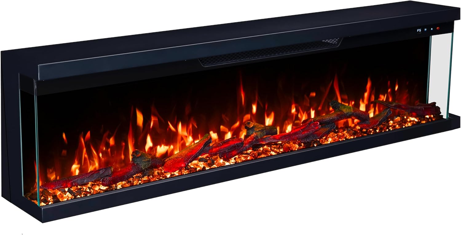 3-Sided Panoramic Electric Freestanding Fireplace Heater 60"/152cm – Wall-Mounted, Media Wall Electric Fire, 15 LED Colours, Crackling Sound, Wifi/Alexa/App/Remote 900W/1800W Heat Control